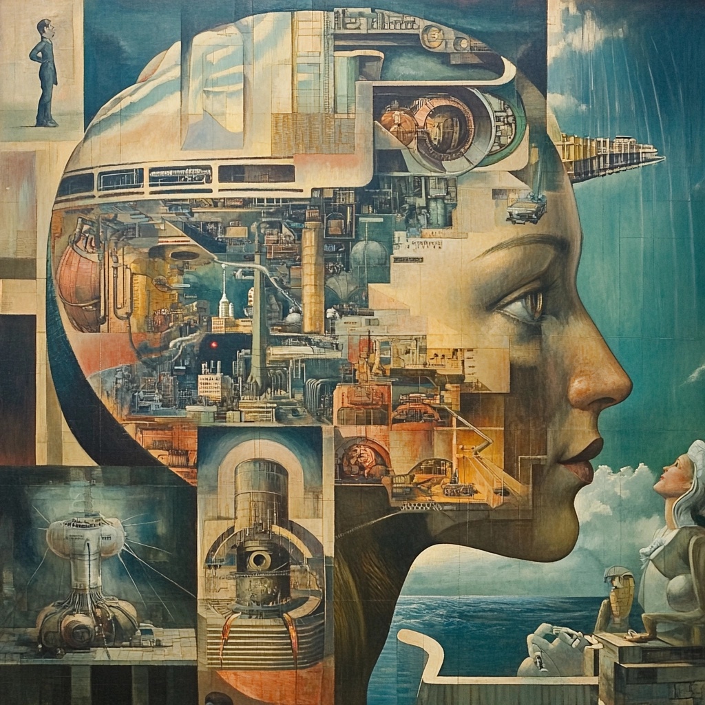 Illustration of a cyborg, executed in a painterly, mural style